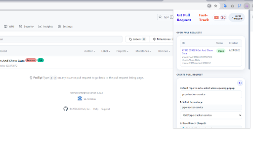 GitHub Advanced PR Creator :: Create GitHub pull requests faster with repository search, branch selection, open PR tracking, GitHub Enterprise support.