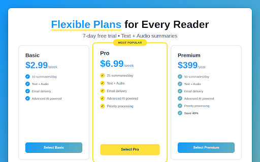 Blurbi :: Transform your reading into intelligent audio digests. Save articles, get AI summaries delivered to your inbox with audio versions.