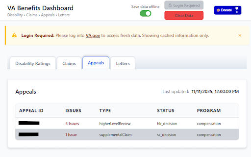 VA Benefits Dashboard :: Enhanced dashboard with VA disability ratings, claims, appeals, and letters with automatic refresh and better data management.