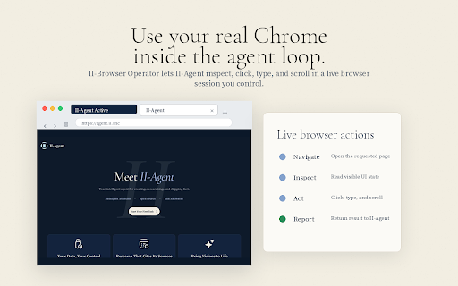 II-Browser Operator :: Agent-neutral browser bridge that lets trusted agents inspect and control Chrome.
