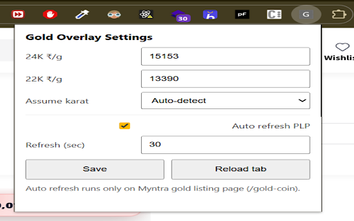 Gold Deal Finder – Myntra & Ajio :: Shows per-gram overlays on gold listings and compares with manual 24K/22K gold rates.