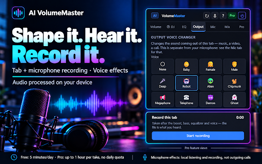 AI VolumeMaster — 800% Volume Booster & Bass :: Boost quiet tabs to 800%, add bass, tune a 10-band EQ, change voices and record. Runs locally. 7-day Pro trial, no card.