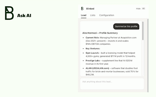 Blinked - LinkedIn Outreach :: LinkedIn outreach extension to score leads, send personalized connection notes, insert follow-up messages, and manage prospect lists