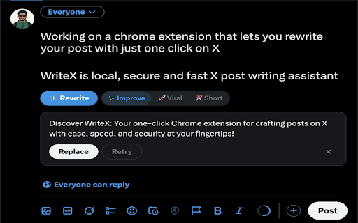 Write𝕏 — Enhance X Post :: Enhance your X posts with AI. Local, private, free.