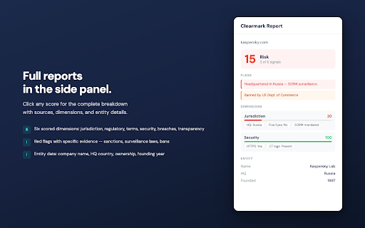 Clearmark :: Clearmark runs a background check on every website you visit. See trust scores, country bans, ownership risks, and hidden red flags.