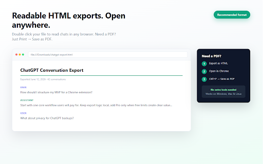 ChatGPT Power Exporter :: Export ChatGPT chats to HTML, JSON or Markdown. Fast bulk export from your session. Not uploaded to our servers.