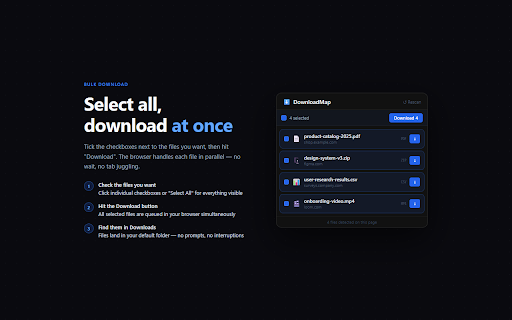 DownloadMap — Find Downloadable Files on the Page :: Scan any page for downloadable files — PDFs, ZIPs, videos and more. Select what you need and save it all at once.