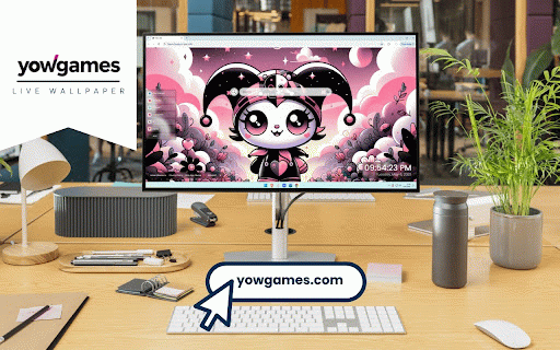 Kuromi Skull Live Wallpaper :: Chibi Kuromi with skull cap and heart outfit against mystical pink galaxy with moons and flowers.