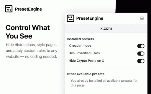 PresetEngine - Block Pop-ups & Customize Sites :: Create no-code presets to block pop-ups, hide clutter, and customize any website for focused, accessible browsing.