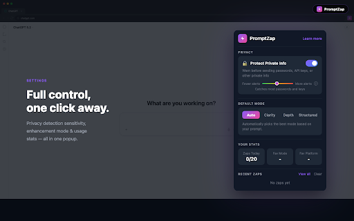 PromptZap :: Zap your prompts. Privacy-first AI prompt transformer for ChatGPT, Claude, Gemini & Grok. Zero data storage.