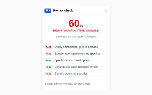 Prime Reviews Pro — Fake Review Checker :: Scores Amazon and Trustpilot reviews for authenticity signals while you shop. Free, no signup, and it says why each is flagged.