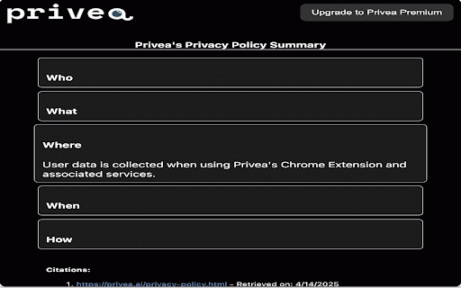 Privea :: An extension that summarizes privacy policies into 5 short bullet points.