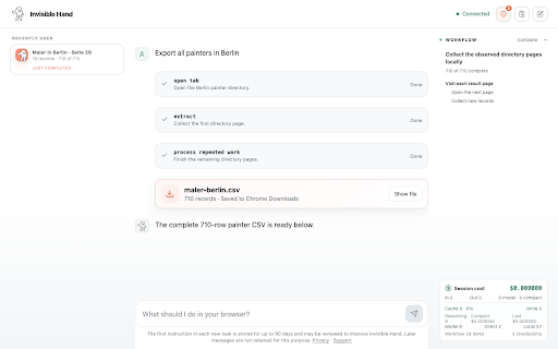 Invisible Hand – AI Browser Agent :: AI browser automation across your tabs: extract data from webpages, download files, and keep every action visible.