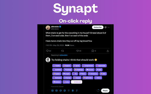 Synapt: AI replies & posts for X (Twitter), LinkedIn and Product Hunt :: Your X (Twitter), LinkedIn, Product Hunt copilot. Posts & replies in your voice on one click. Save time, engage & grow smarter!
