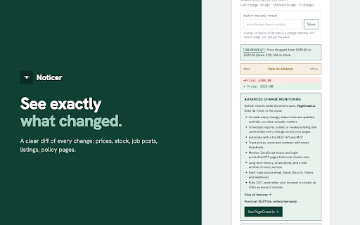 Website Change Monitor & Alerts - Noticer :: Watch any page for changes. Private on-device AI summarizes them and alerts you only when it matters. Free, runs on your device.
