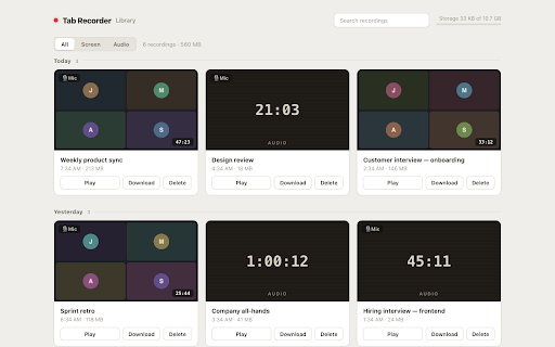 Tab Recorder :: Record any tab's screen and audio, tuned for Google Meet. Every recording stays on your computer — nothing is uploaded.
