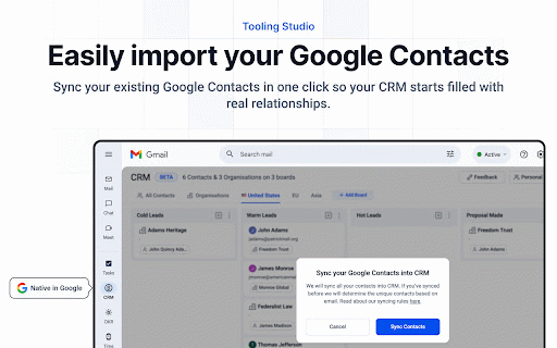 Sales CRM in Gmail and Google Workspace :: Turn Google Contacts into a simple sales CRM inside Gmail. Kanban pipelines, notes, tags & shared boards for individuals and teams.