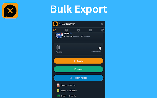 X Post Exporter - Download X / Twitter Posts :: Export X (Twitter) posts in bulk to CSV, JSON, or Excel with X Post Exporter. Fast, simple data backup and analysis.