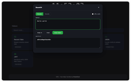 DTB - Daily Tool Box :: Your Daily Tool Box. A new tab full of developer tools — Base64, Timestamp, Hash, JSON, JWT and more — plus a clock and your IP.