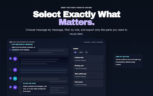 AI Chat Exporter & Sharer - PDF, DOCX & More :: Export AI chats to PDF, DOCX, Markdown, images, and JSON with local processing and message selection.
