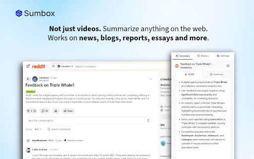Sumbox - YouTube & web summarizer :: Summarize YouTube videos and articles with one click. Get TL;DR, detailed summaries, and full transcripts.