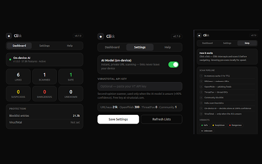 Clikk :: Checks links for safety before you visit them — on-device AI plus URLhaus, OpenPhish and ThreatFox blocklists. Private by design.