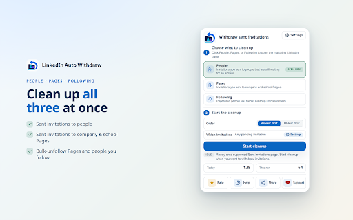 LinkedIn Auto Withdraw :: Withdraw pending LinkedIn People and Pages invitations, remove follows in bulk, with a per-run limit and local-only automation.