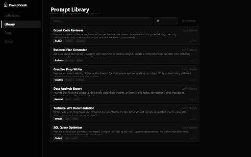 PromptVault :: Save, organize, and instantly insert prompts into any AI platform. Sync across devices with one click.