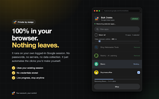 Google Linked Apps Bulk Delete & Cleanup :: Bulk-delete the third-party apps linked to your Google Account. See every connected app, select, and remove access in one click.