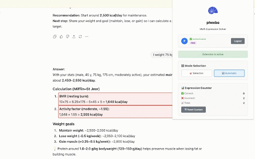 pheebo - AI math checker :: Free math solver for ChatGPT & Claude. Verify AI answers. Selection mode free, automatic pro.