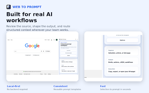 Web To Prompt :: Turn selected web content into structured prompts for summaries, action items, JSON, briefs, and AI workflows.