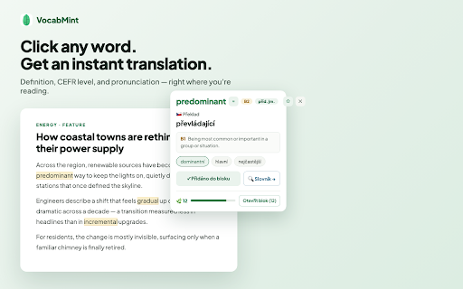 VocabMint :: Translate words, save vocabulary, and see words you've already learned highlighted across the web.