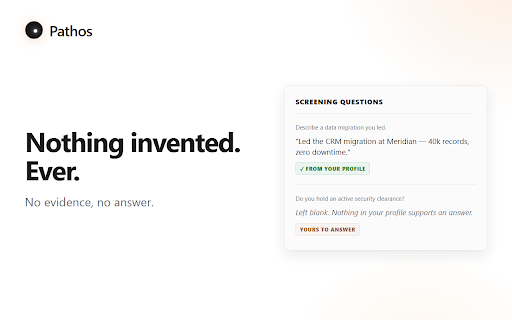 Pathos - Autofill job applications, attach resumes & track :: Autofill applications, attach tailored resumes, draft supported answers, and track each job. You always review and submit.