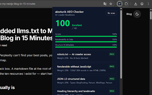 alexturik AEO Checker :: Audit your page for AI crawlers. Every failed check links to a deep-dive explanation. By alexturik.com.