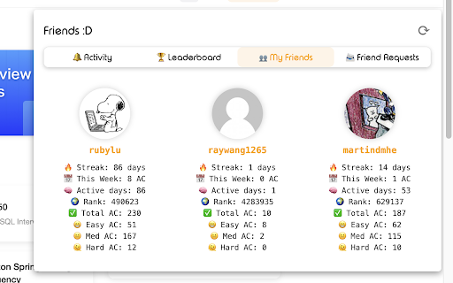 LeetCode Friends :: LeetCode Friends lets you track friends' LeetCode progress in a glance, right from within leetcode.com.