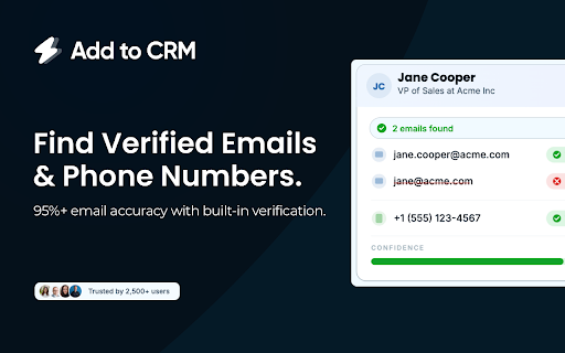 Add to CRM for Salesflare: Free B2B Prospecting Integration :: Find verified emails & phone numbers for any prospect. Add them to Salesflare with 1-click. 220M+ contacts.