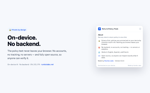 Return Policy Peek :: See any store's return policy in one click, summarized on-device. No login, nothing leaves your browser.