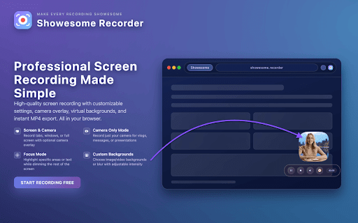 Showesome Screen Recorder – Record Screen & Camera :: High-quality screen & webcam recorder with virtual backgrounds. No watermark, no time limit. Fast share to YouTube or Drive.
