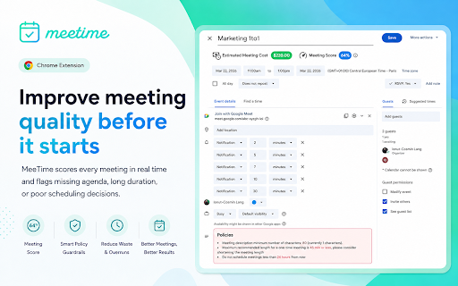 MeeTime - Meeting Cost Tracker :: Track meeting costs and analyze productivity with MeeTime integration for Google Calendar
