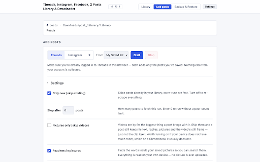 Threads, Instagram, Facebook, X Posts Library & Downloader :: Save Threads, Instagram, Facebook and X posts. Search offline, back up your library, and download media, including Patreon.