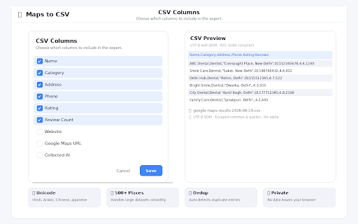 Maps to CSV :: Export Google Maps search results visible on the page to a clean CSV file — no AI, no backend, fully local.