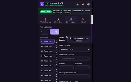 TTD Auto Fill – Form Quickfill :: TTD form fill for saved pilgrim details. One click fills, continues and opens payment on supported booking pages.