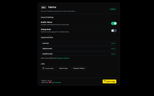 TabOut :: Tab out of brackets, quotes, etc in online code editors