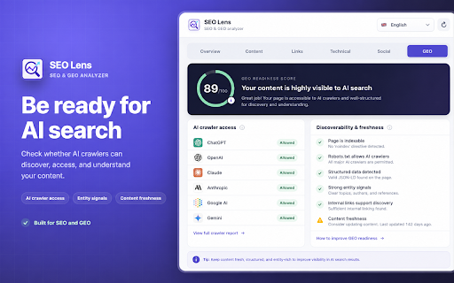 SEO Lens: On-Page SEO, GEO & AI Crawler Checker :: Local SEO, GEO, broken-link and pixel audit for metadata, content, schema, social previews and AI crawlers. No data upload.