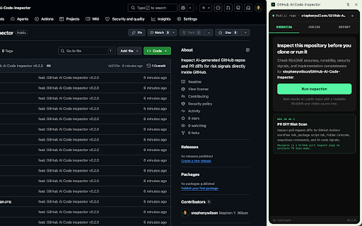 GitHub AI Code Inspector :: Chrome side panel for inspecting AI-generated GitHub repos, PRs, and files. Workflow, Unicode, command, package, MCP risk.