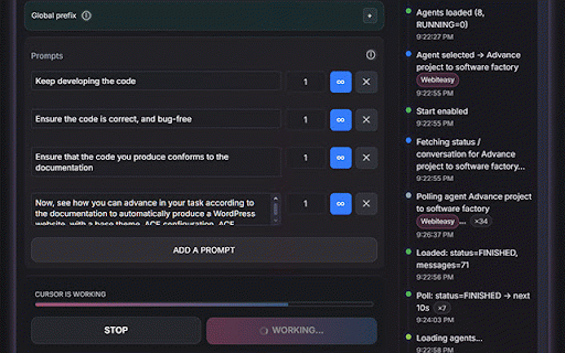 Cursor Auto :: Automate prompt sequences on Cursor agents with a simple Start/Stop UI.
