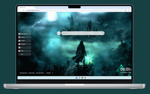 Hogwarts Legacy Live Wallpaper :: A mysterious wizard stands before Hogwarts castle under moonlight, surrounded by magical mists and ethereal creatures.
