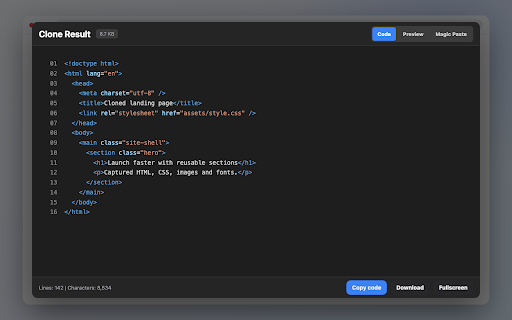 CloneWebsite - Pixel Perfect Page Cloner :: Clone webpages pixel-perfect. Extract HTML, CSS, images, fonts & JS to ZIP. Convert clones to React/Vue with Magic Paste.