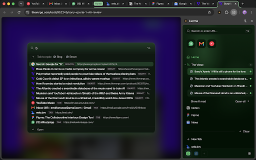 Lunma :: Vertical tabs and per-project Spaces for Chrome, with smart folders and a quick launcher.