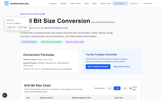 MM↔IN Converter :: Convert millimeters and inches quickly via popup and context menu.
